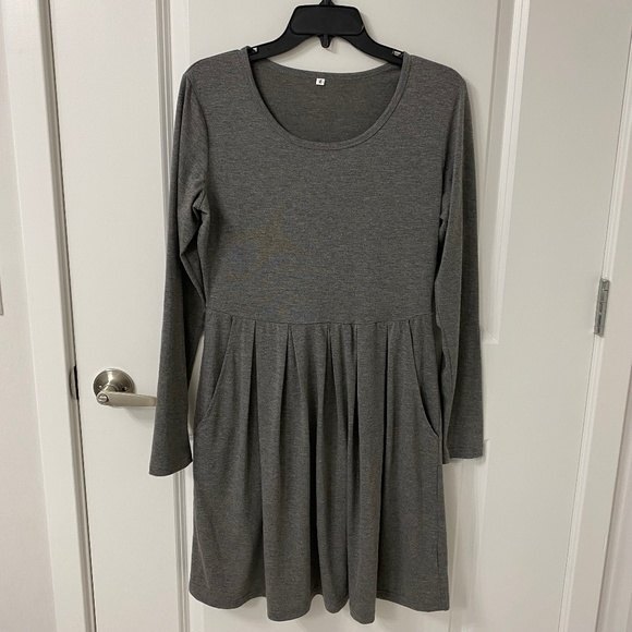 Women's Long Sleeve Pleated Shirt Dress. Dark Gray. Medium. Dark Academia. - Picture 1 of 13